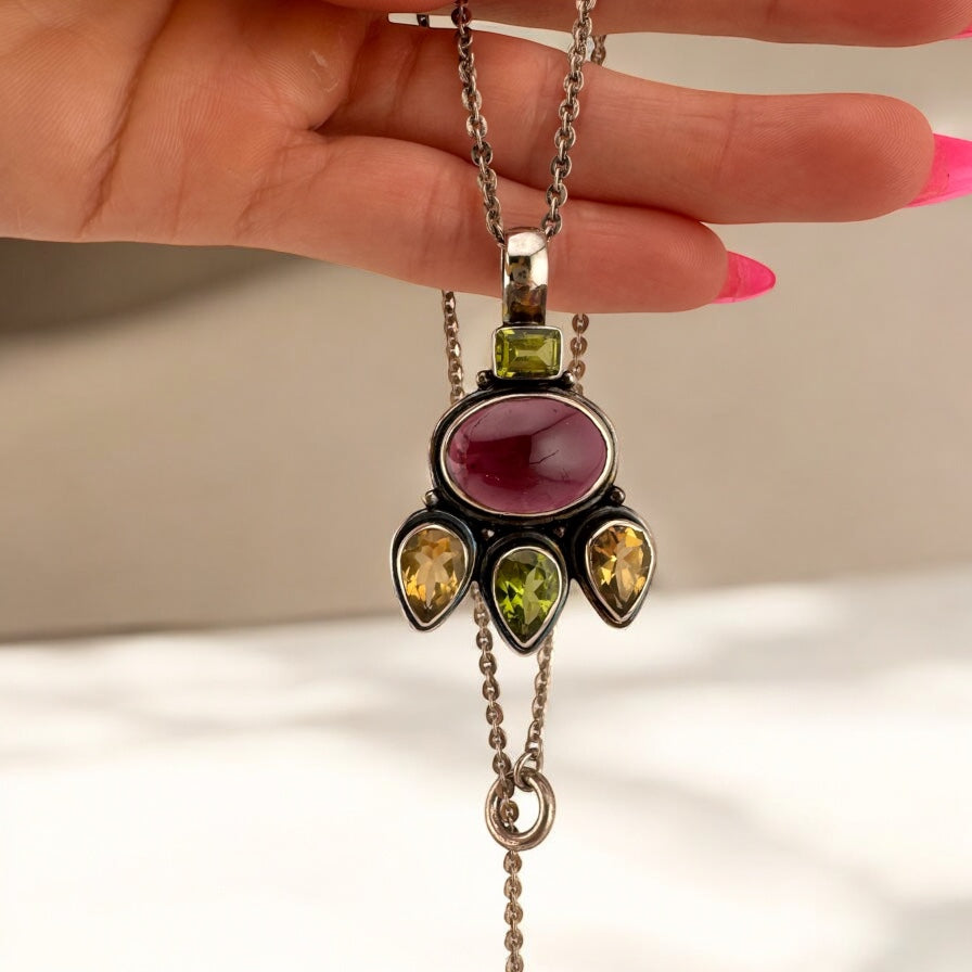 Vintage 925 Sterling Silver Bezel Set Rhodolite Garnet, Citrine, and Peridot Statement Pendant Necklace