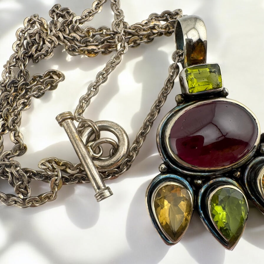 Vintage 925 Sterling Silver Bezel Set Rhodolite Garnet, Citrine, and Peridot Statement Pendant Necklace