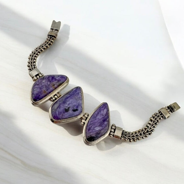 Handmade Vintage Sterling Silver Purple Charoite Statement Bracelet, 7.5" 51.2g Unisex Bold Natural Stone Jewelry