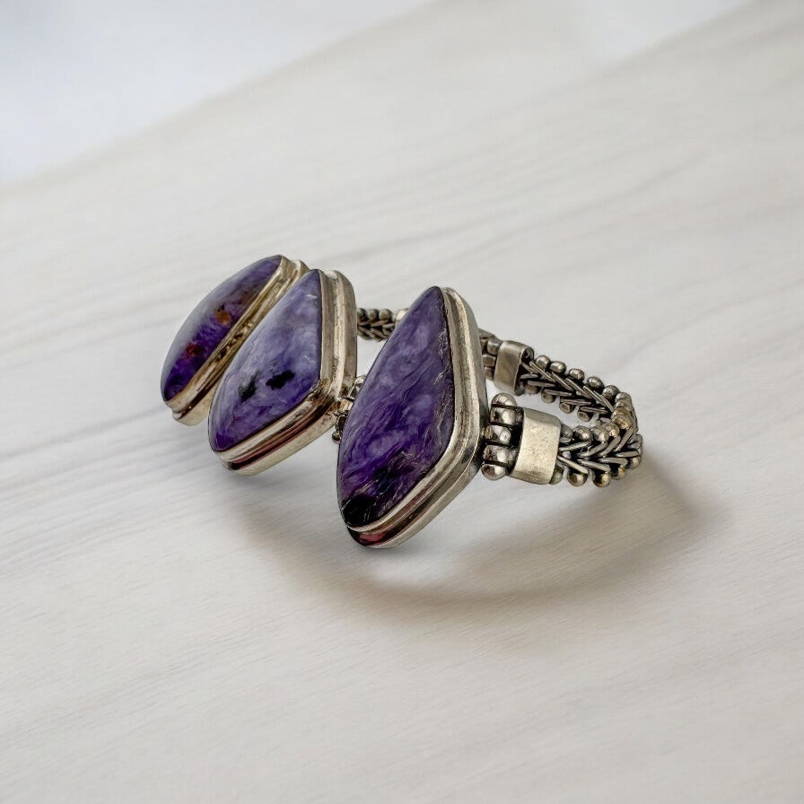 Handmade Vintage Sterling Silver Purple Charoite Statement Bracelet, 7.5" 51.2g Unisex Bold Natural Stone Jewelry