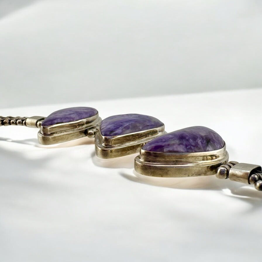 Handmade Vintage Sterling Silver Purple Charoite Statement Bracelet, 7.5" 51.2g Unisex Bold Natural Stone Jewelry