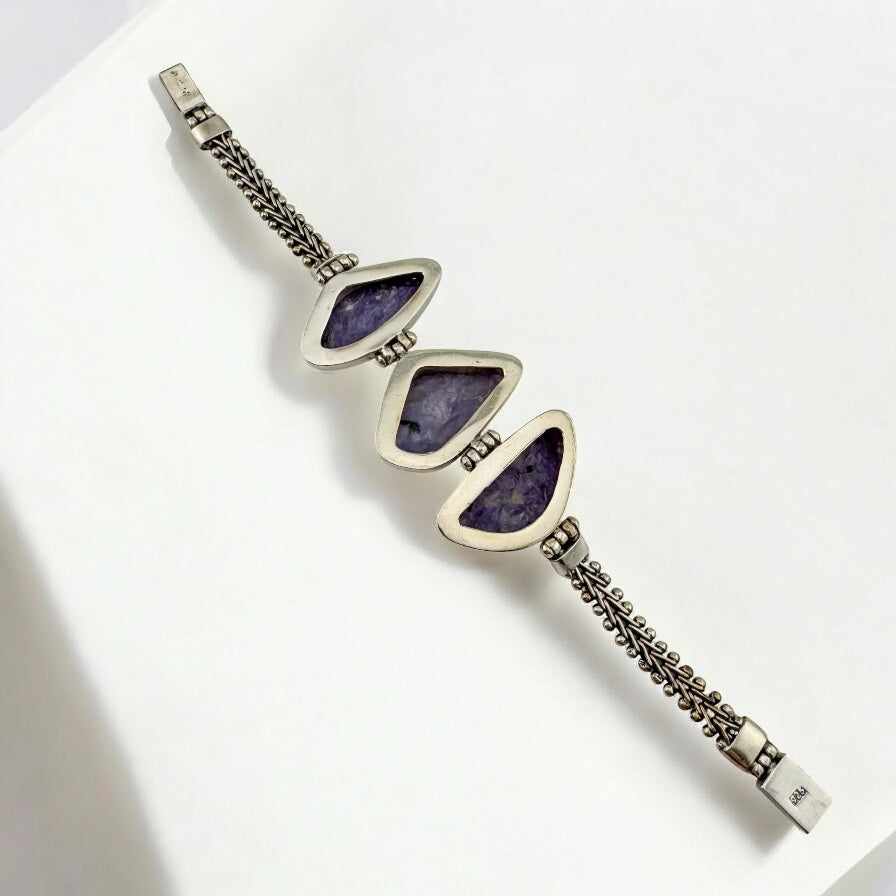 Handmade Vintage Sterling Silver Purple Charoite Statement Bracelet, 7.5" 51.2g Unisex Bold Natural Stone Jewelry