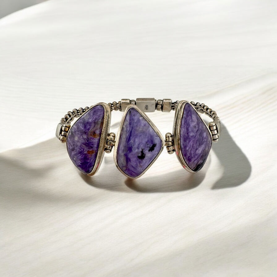 Handmade Vintage Sterling Silver Purple Charoite Statement Bracelet, 7.5" 51.2g Unisex Bold Natural Stone Jewelry