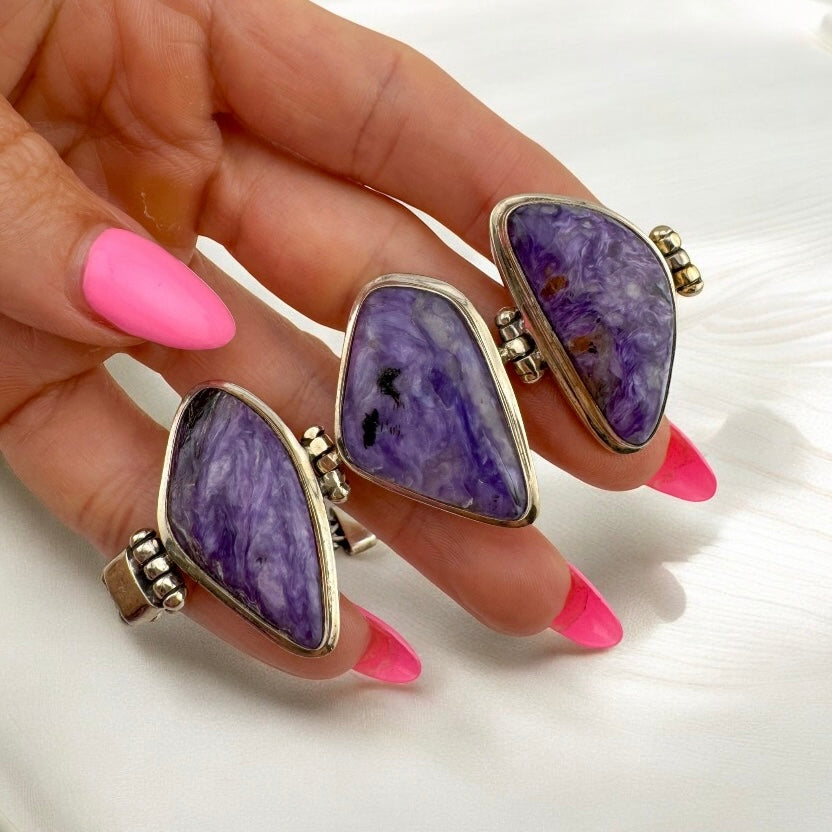 Handmade Vintage Sterling Silver Purple Charoite Statement Bracelet, 7.5" 51.2g Unisex Bold Natural Stone Jewelry