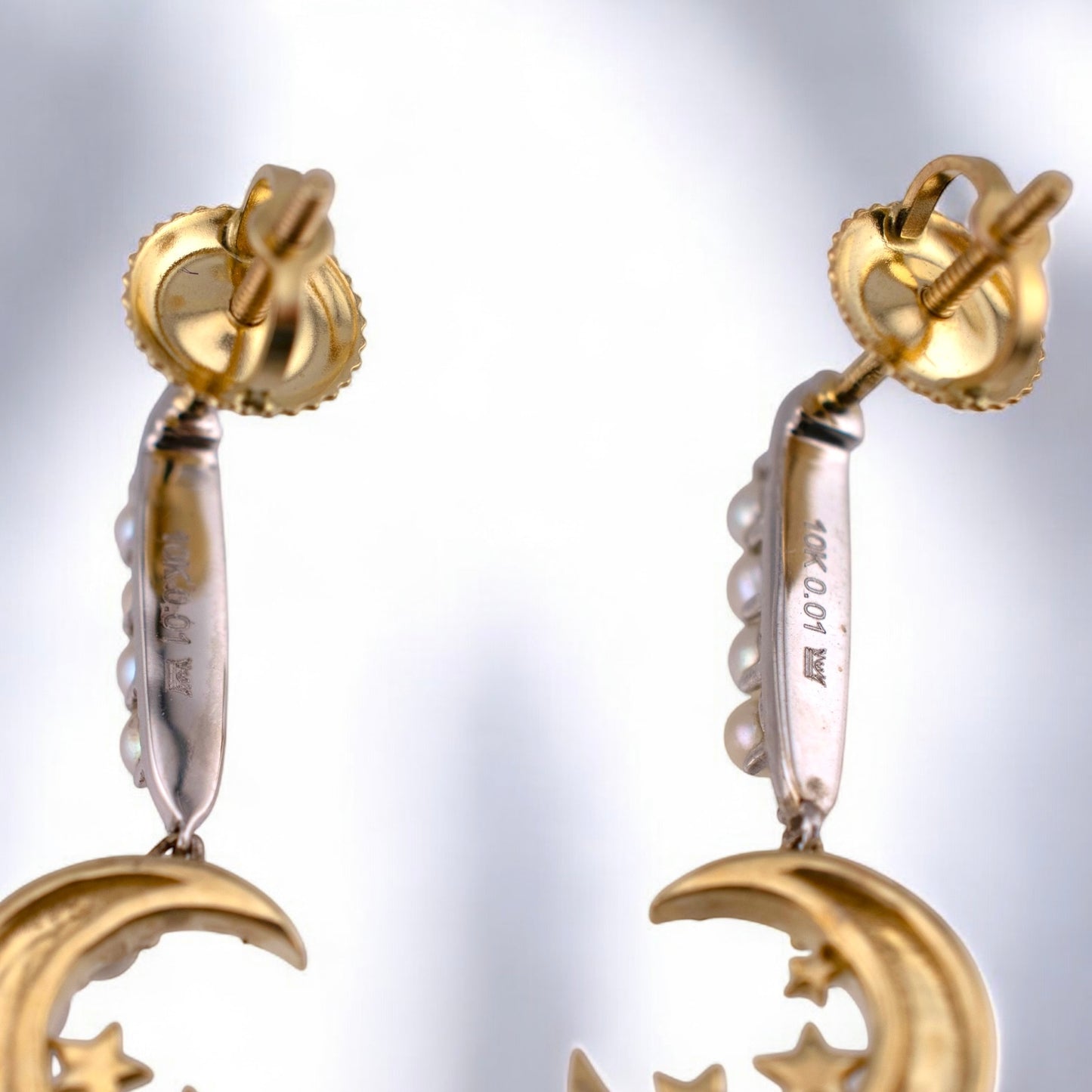 10 Karat Gold Pearl & Diamond Crescent Moon and Star Dangle Earrings