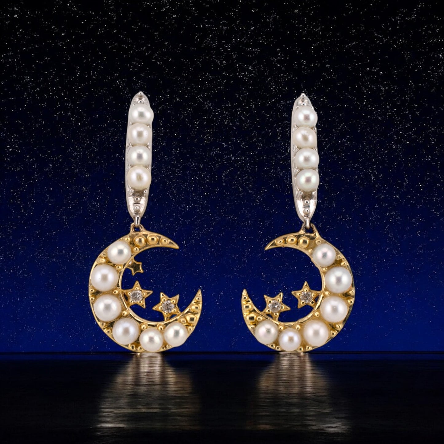 10 Karat Gold Pearl & Diamond Crescent Moon and Star Dangle Earrings