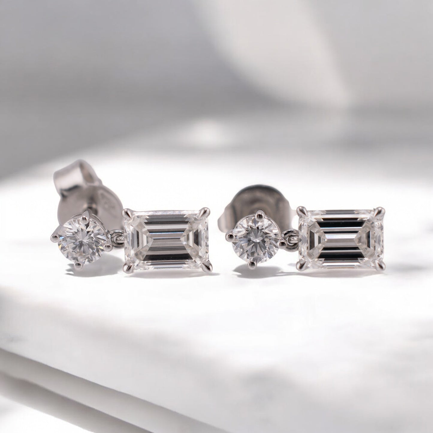 14 Karat White Gold 2.01 CTW Emerald Cut & Round Brilliant Lab Grown Diamond Dangle Earrings