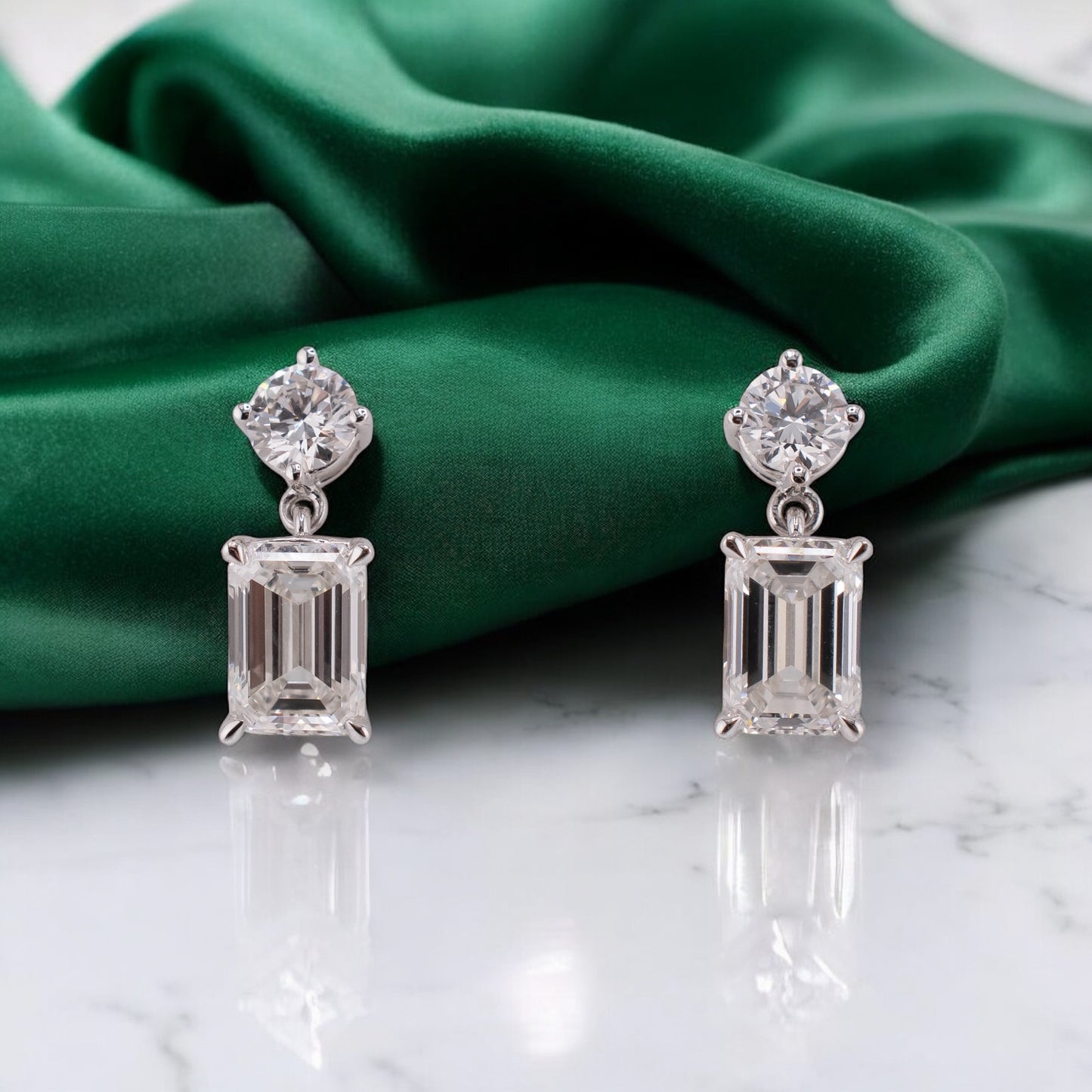 14 Karat White Gold 2.01 CTW Emerald Cut & Round Brilliant Lab Grown Diamond Dangle Earrings