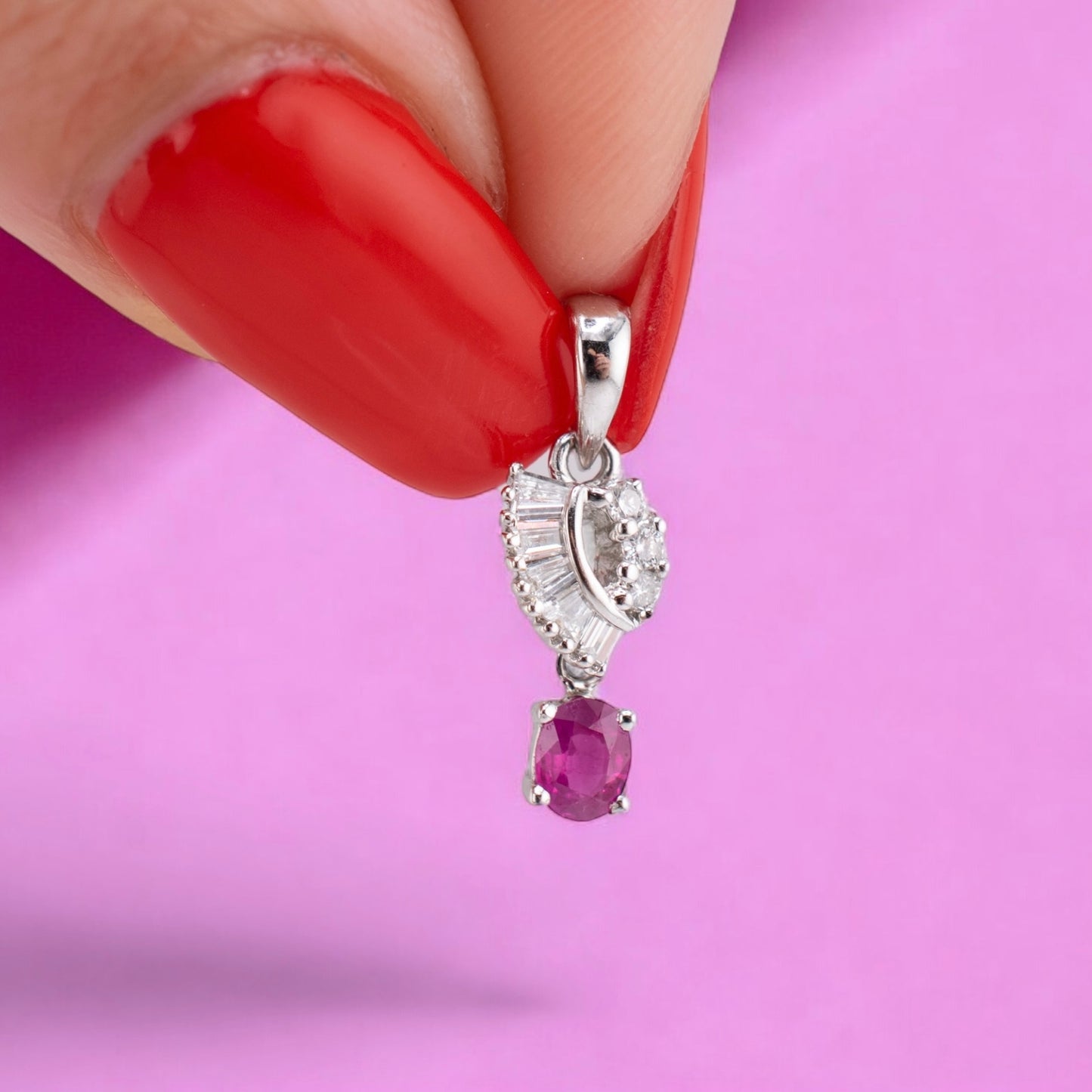 Petite Vintage 18K White Gold 0.24ct Oval Ruby & 0.19ctw. Diamond Pendant