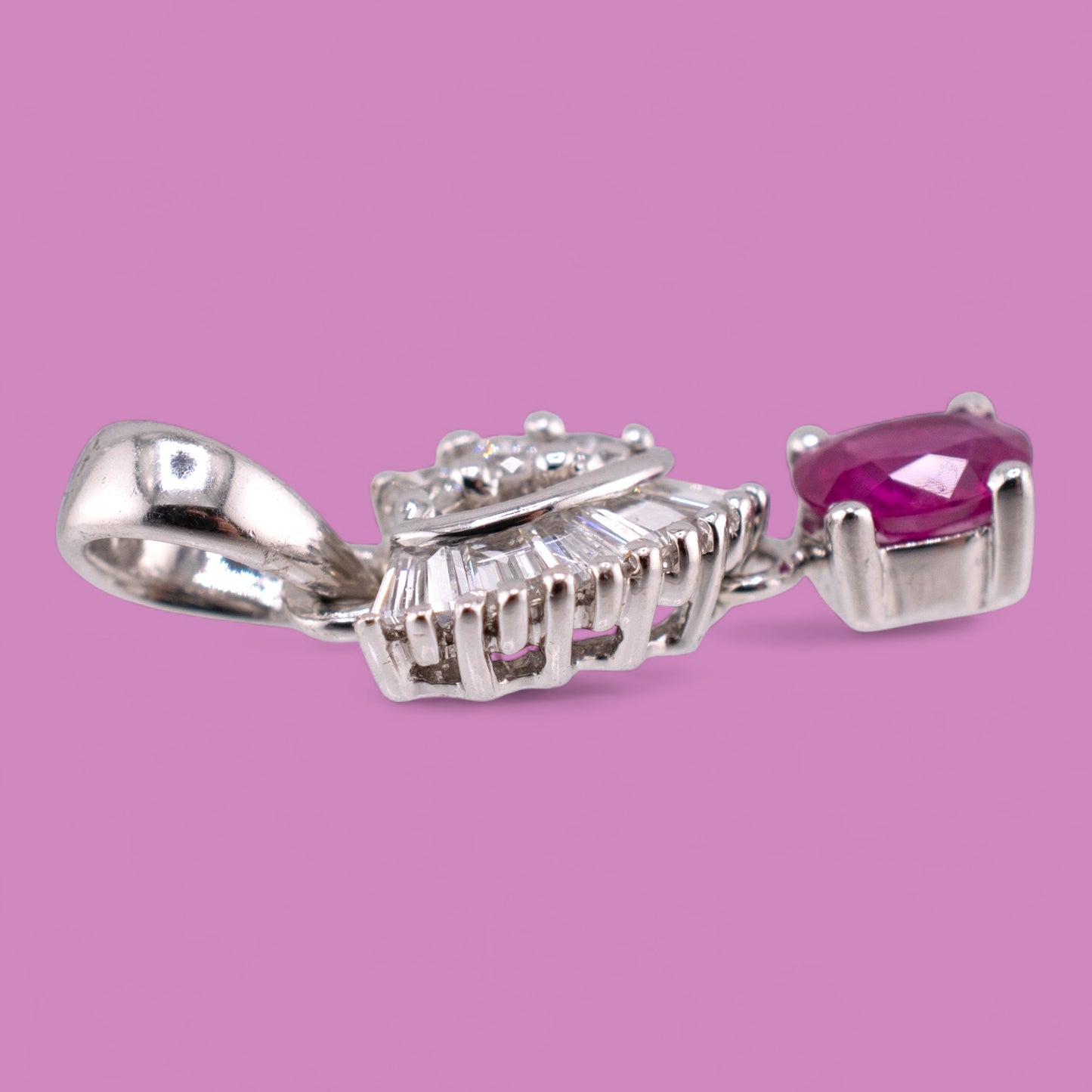 Petite Vintage 18K White Gold 0.24ct Oval Ruby & 0.19ctw. Diamond Pendant