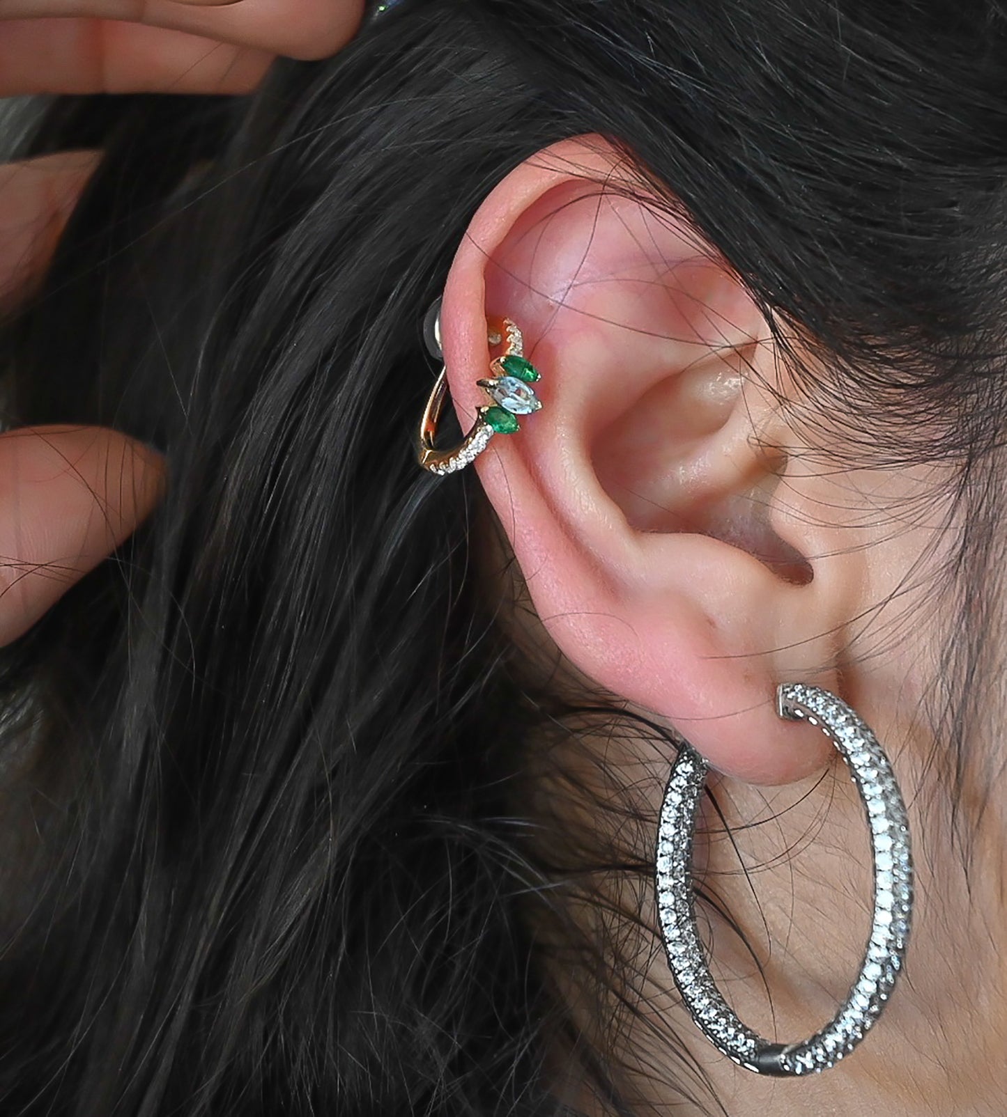 New Single 14k Yellow Gold Diamond, Marquise Shape Emerald & Blue Topaz Non-Pierced Ear Cuff