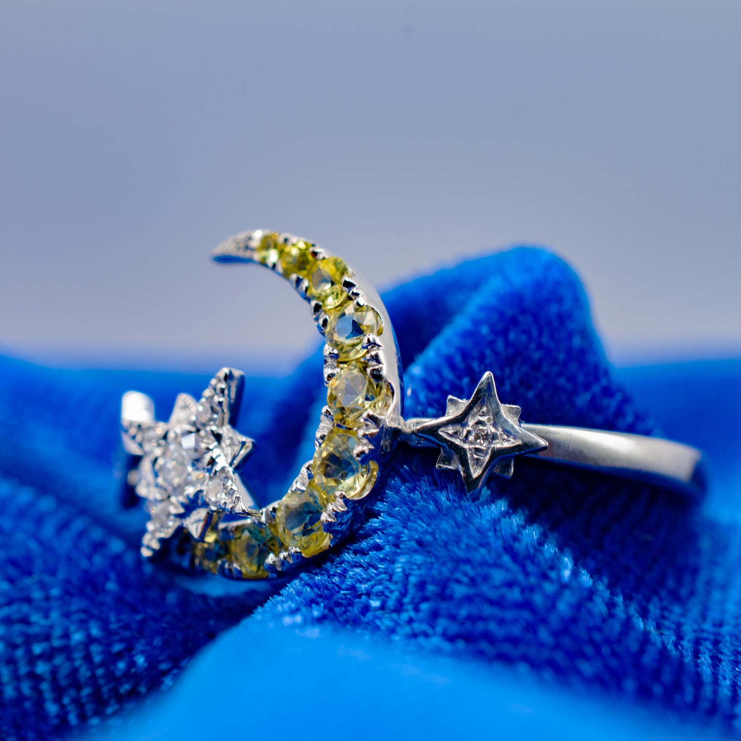 14k White Gold Crescent Moon and Stars Diamond and Yellow Sapphire Ring