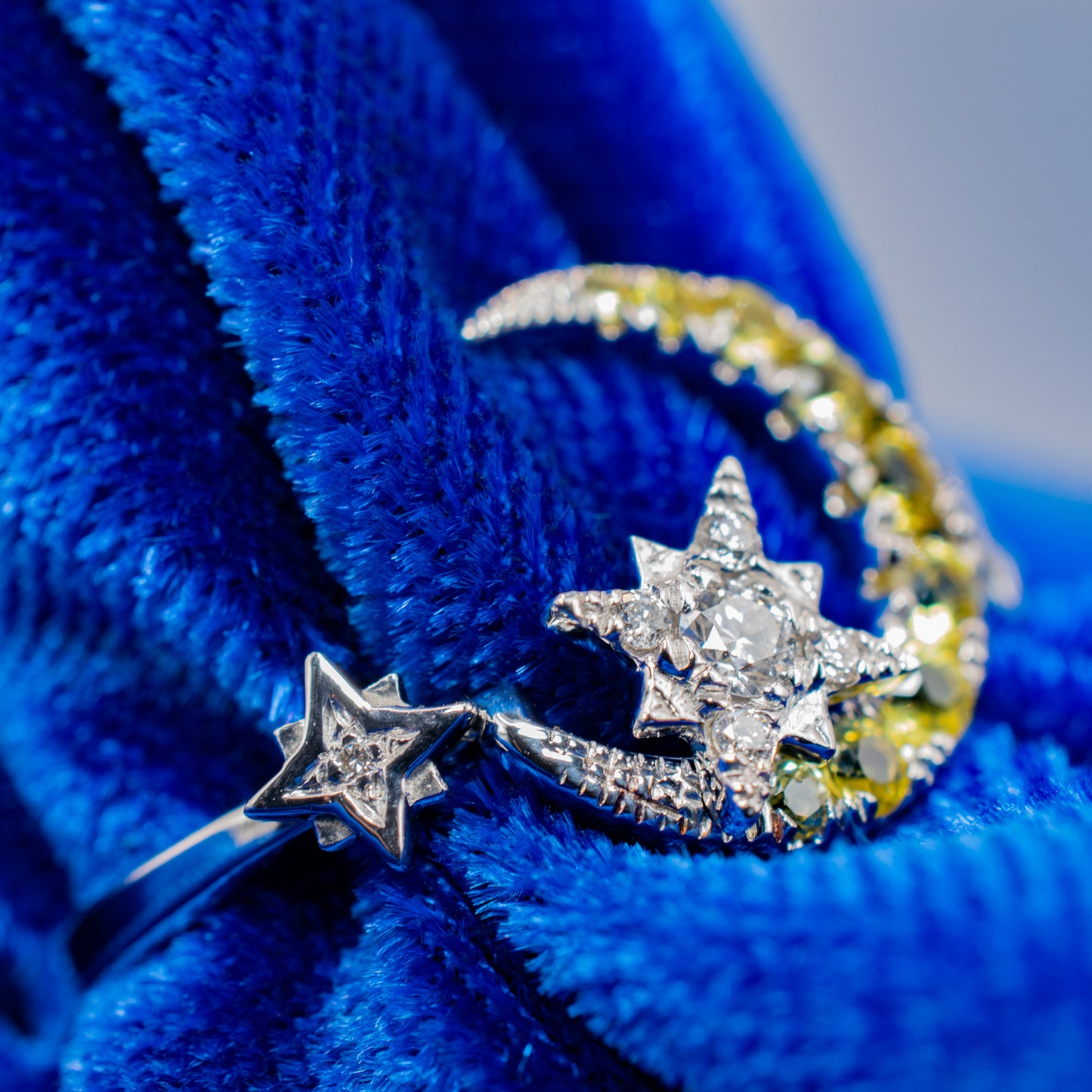14k White Gold Crescent Moon and Stars Diamond and Yellow Sapphire Ring
