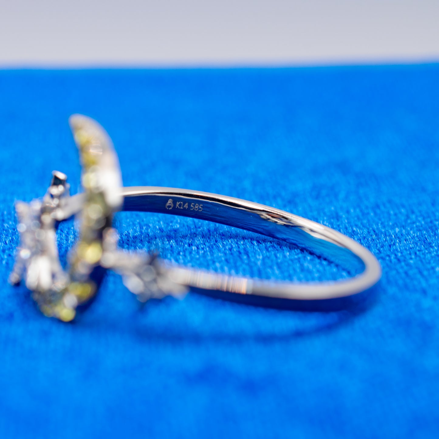14k White Gold Crescent Moon and Stars Diamond and Yellow Sapphire Ring