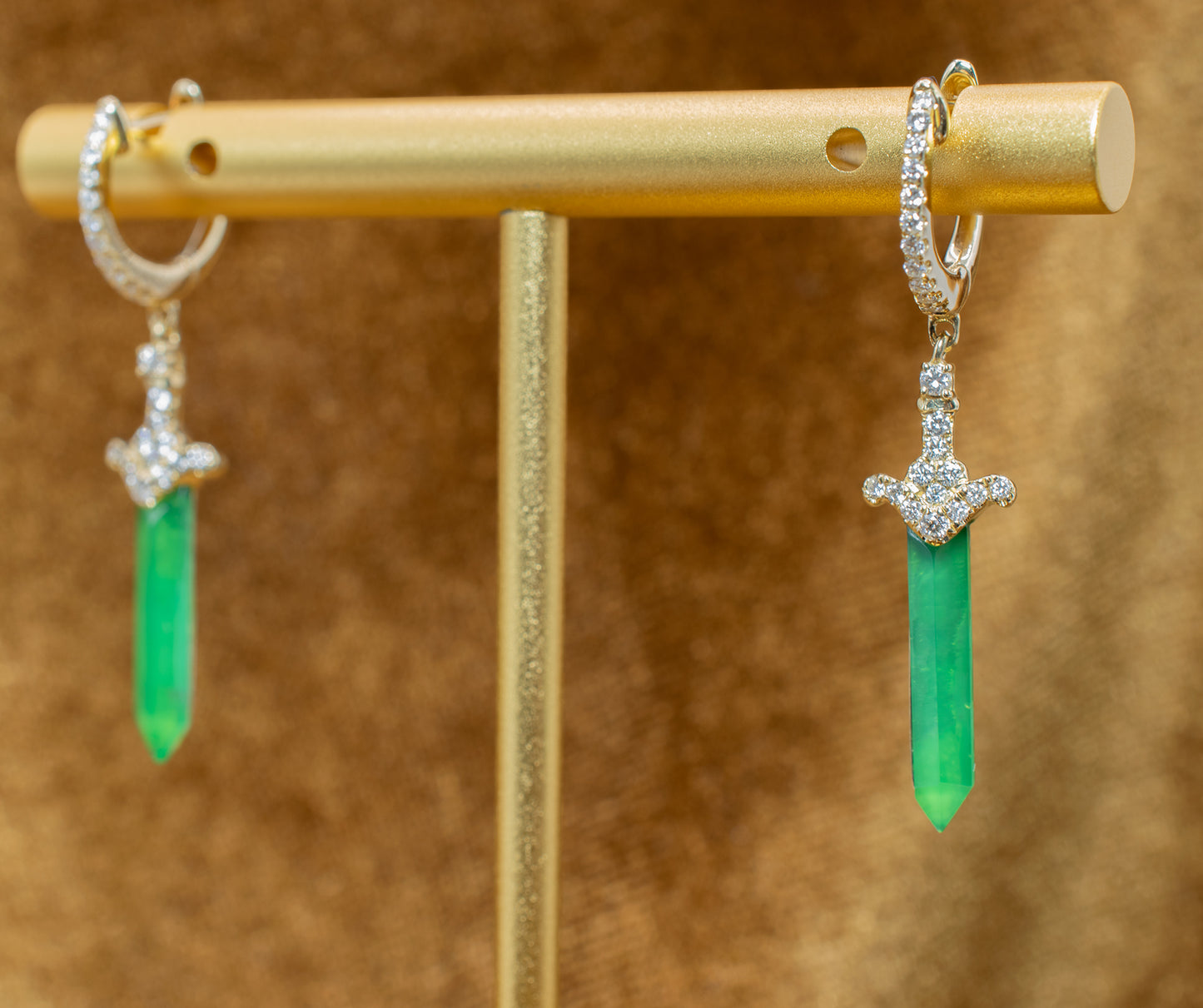 14k Diamond and Green Agate Dagger Earrings
