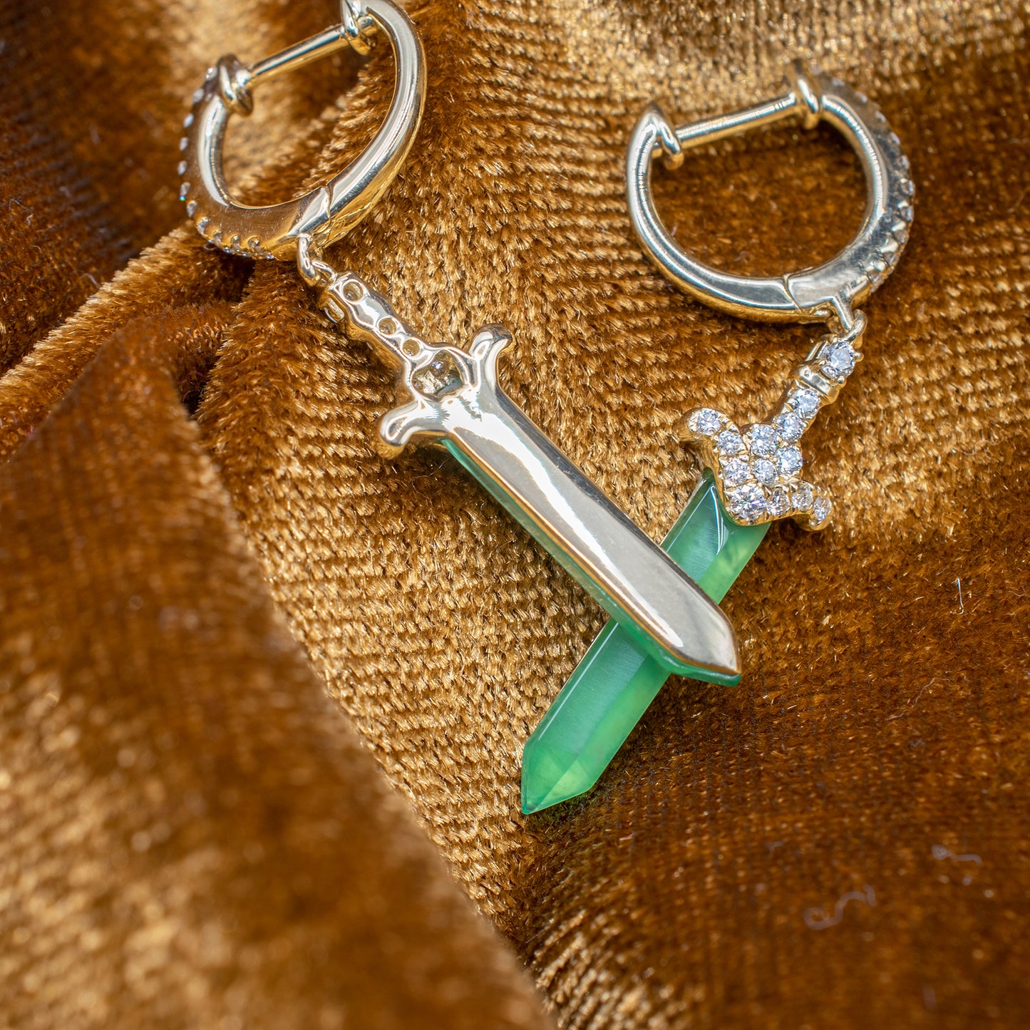 14k Diamond and Green Agate Dagger Earrings