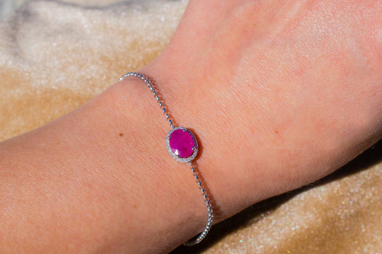 18k White Gold Diamond Halo Ruby Bracelet