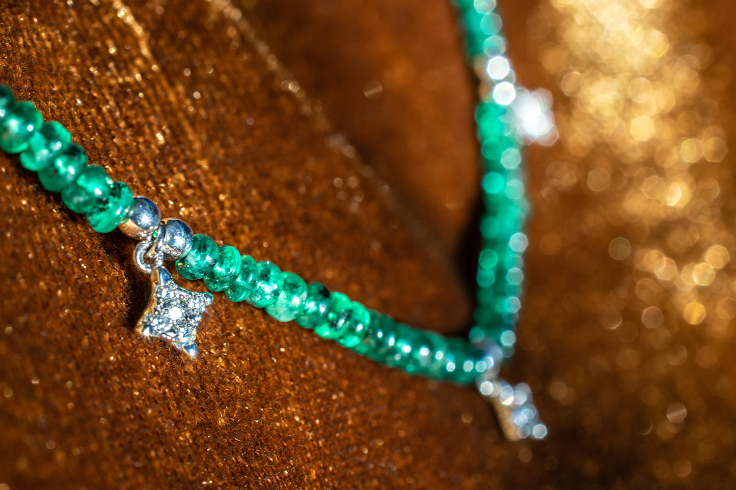 18k and 14k White Gold Beaded Emerald and Diamond Twinkling Star Station Necklace