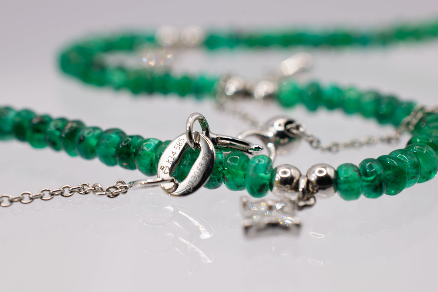 18k and 14k White Gold Beaded Emerald and Diamond Twinkling Star Station Necklace