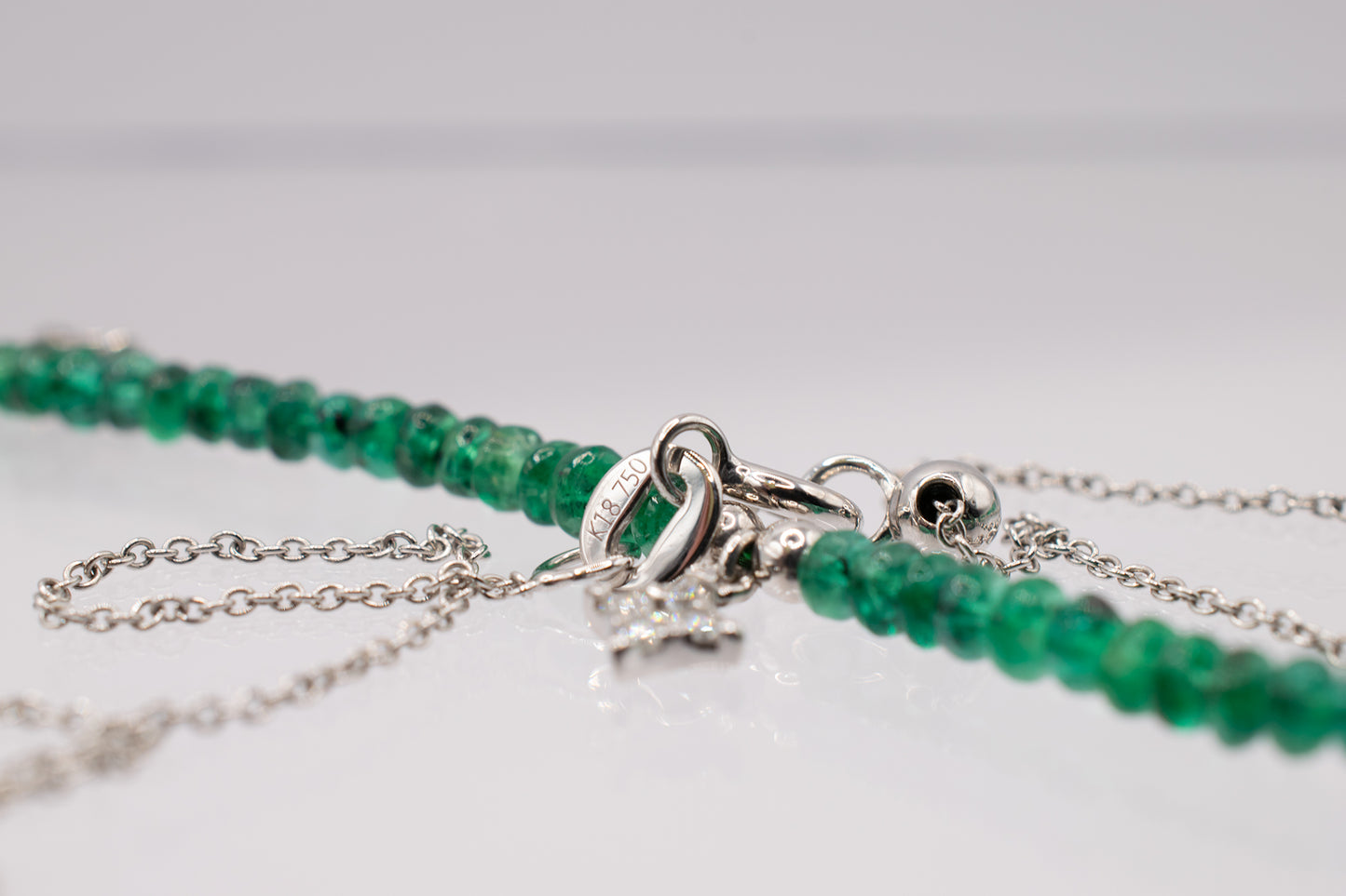 18k and 14k White Gold Beaded Emerald and Diamond Twinkling Star Station Necklace