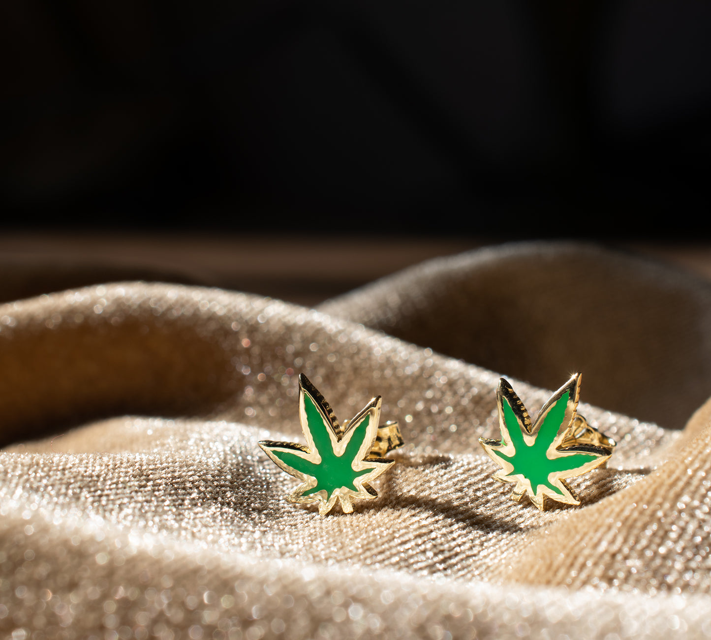 14 Karat Yellow Gold Hemp Leaf Enamel Stud Earrings Funny Gift Idea