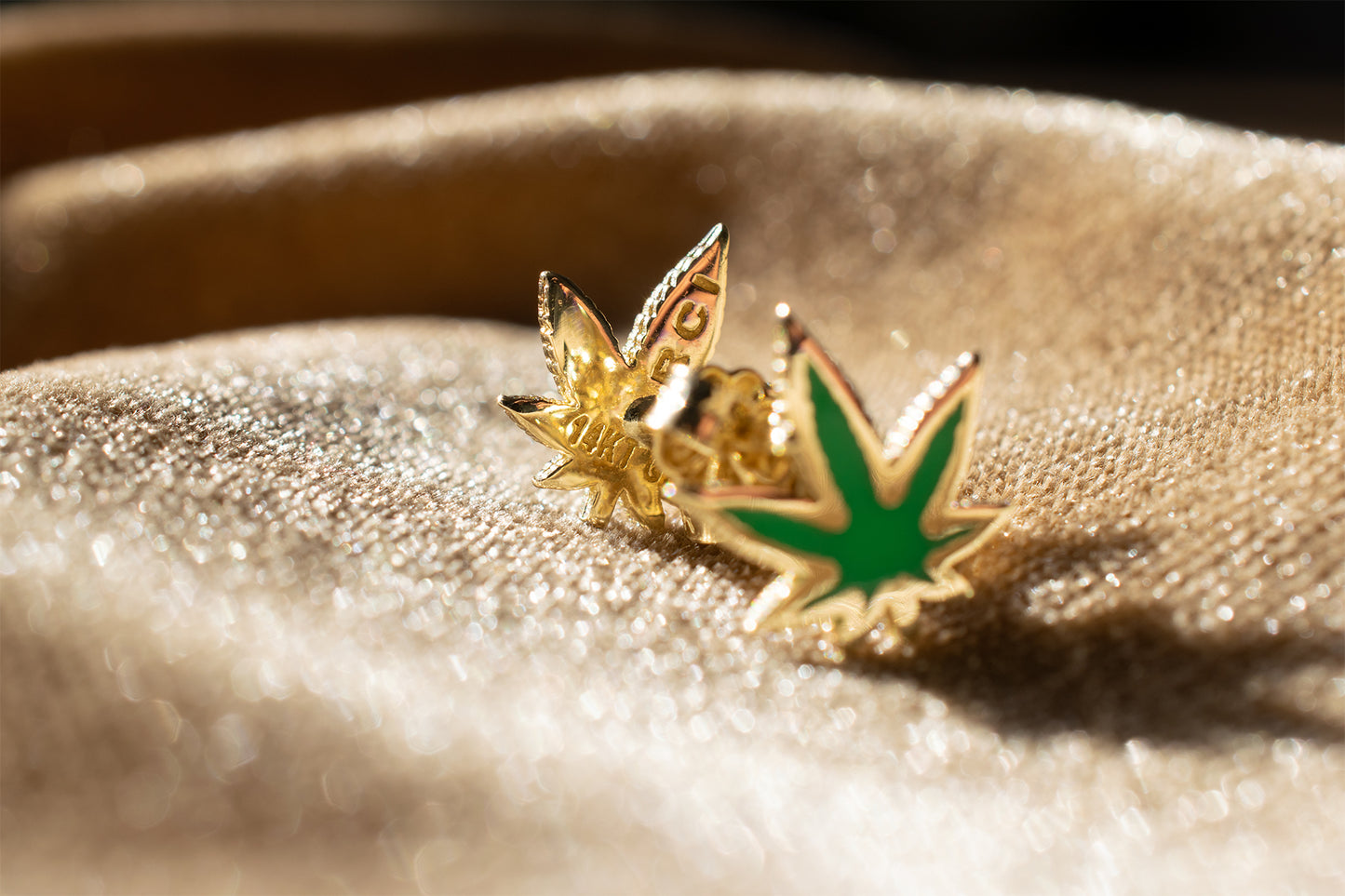 14 Karat Yellow Gold Hemp Leaf Enamel Stud Earrings Funny Gift Idea