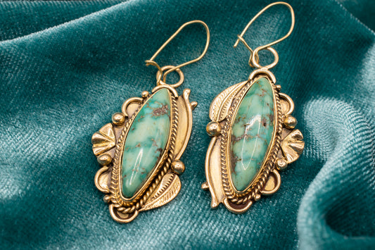 Vintage 14k Yellow Gold Turquoise Dangle Earrings