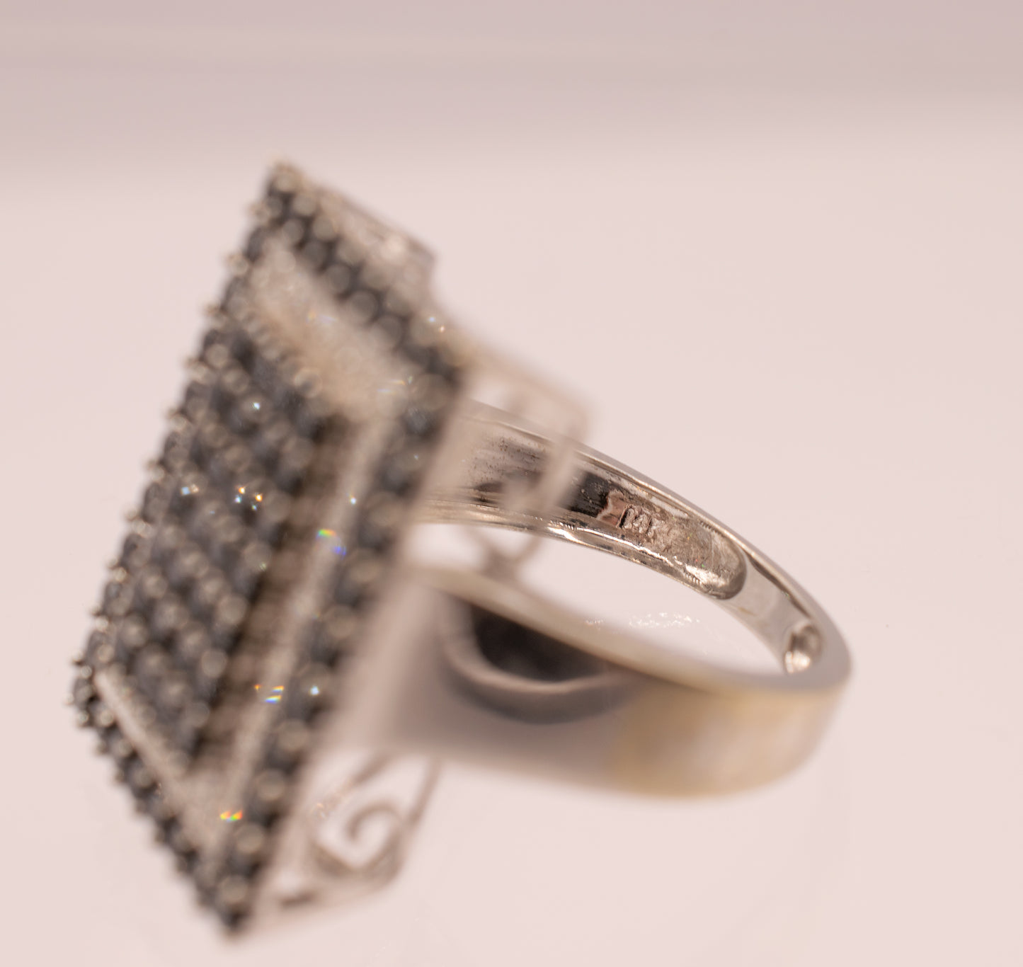 Vintage 14 Karat White Gold Ring With Round Brilliant Cut Black Diamonds and White Diamonds
