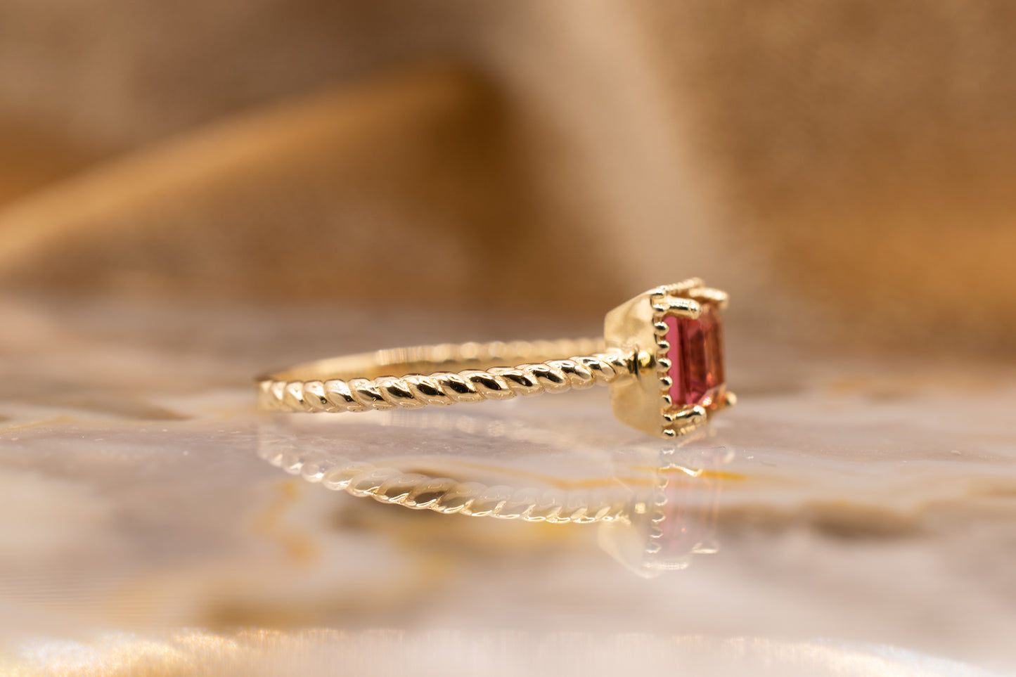 14k Yellow Gold Asscher Cut Pink Tourmaline Rope Band Ring