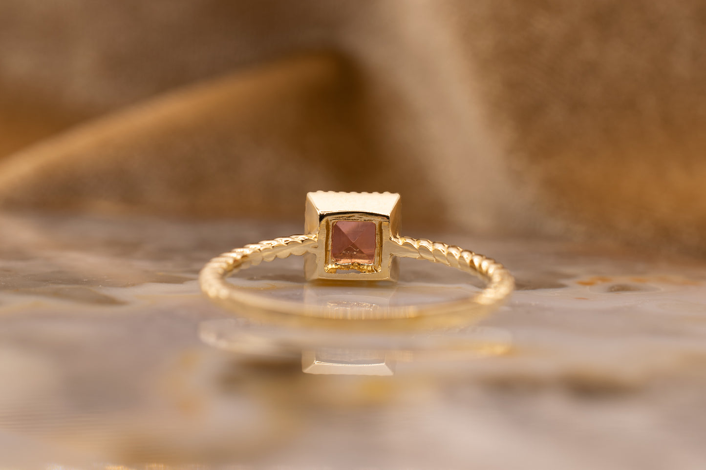 14k Yellow Gold Asscher Cut Pink Tourmaline Rope Band Ring