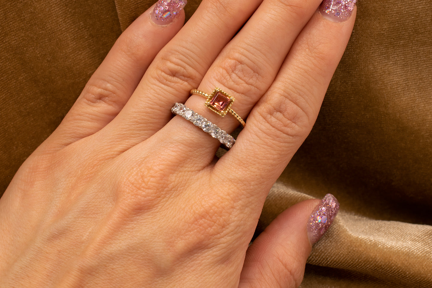 14k Yellow Gold Asscher Cut Pink Tourmaline Rope Band Ring