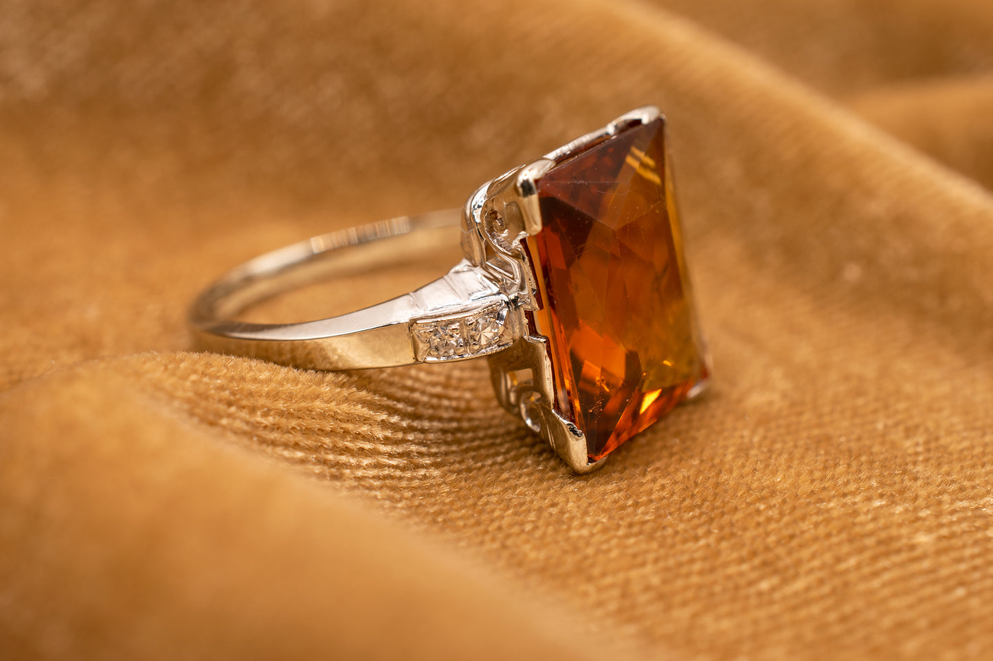 Vintage 14k White Gold Radiant Cut Citrine & Diamond Cocktail Ring
