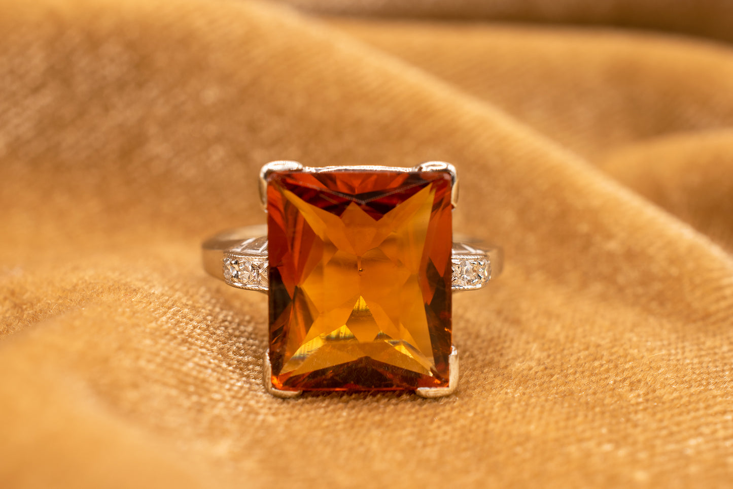Vintage 14k White Gold Radiant Cut Citrine & Diamond Cocktail Ring