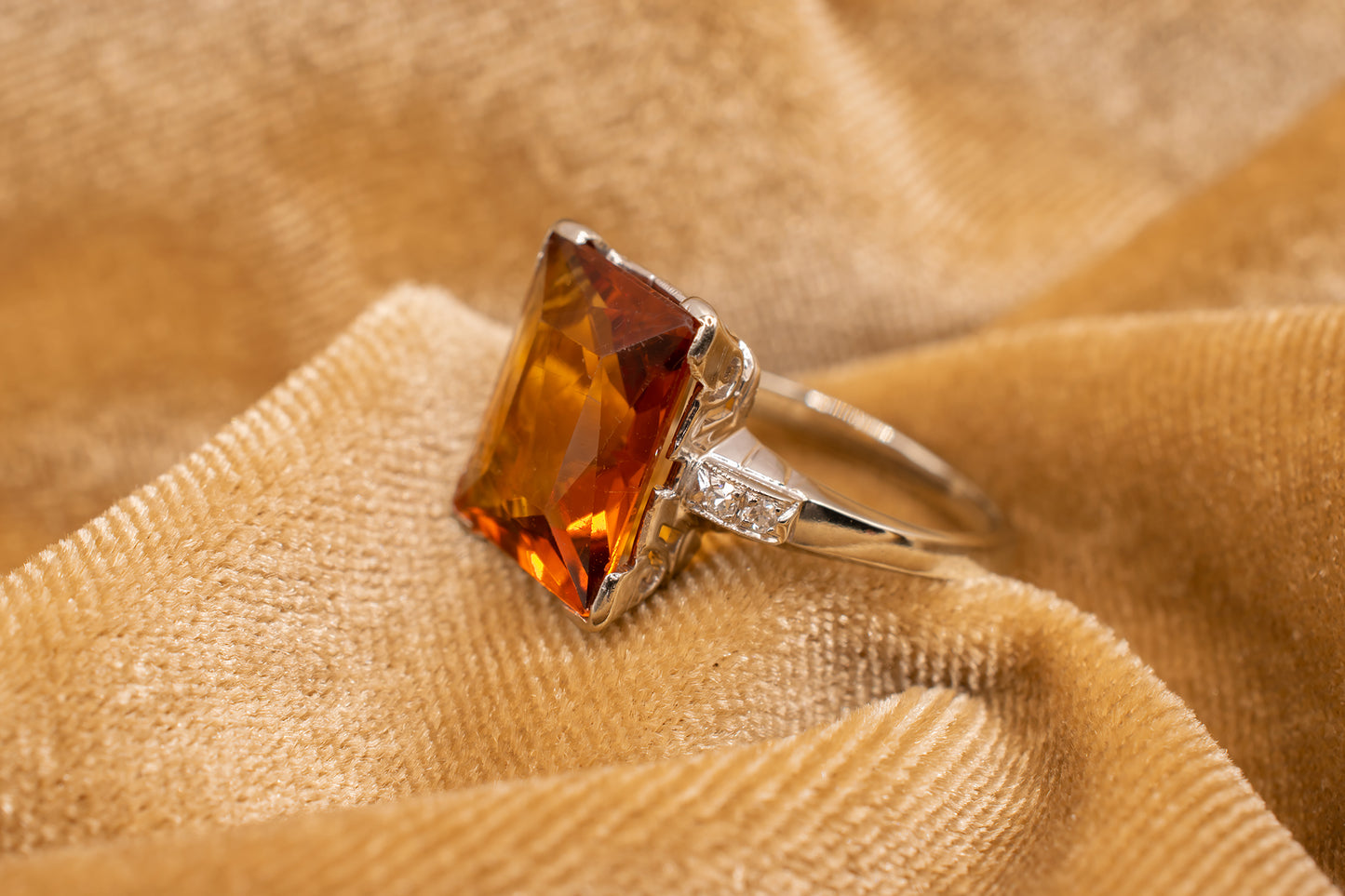 Vintage 14k White Gold Radiant Cut Citrine & Diamond Cocktail Ring