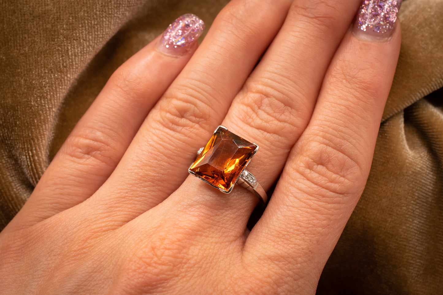Vintage 14k White Gold Radiant Cut Citrine & Diamond Cocktail Ring