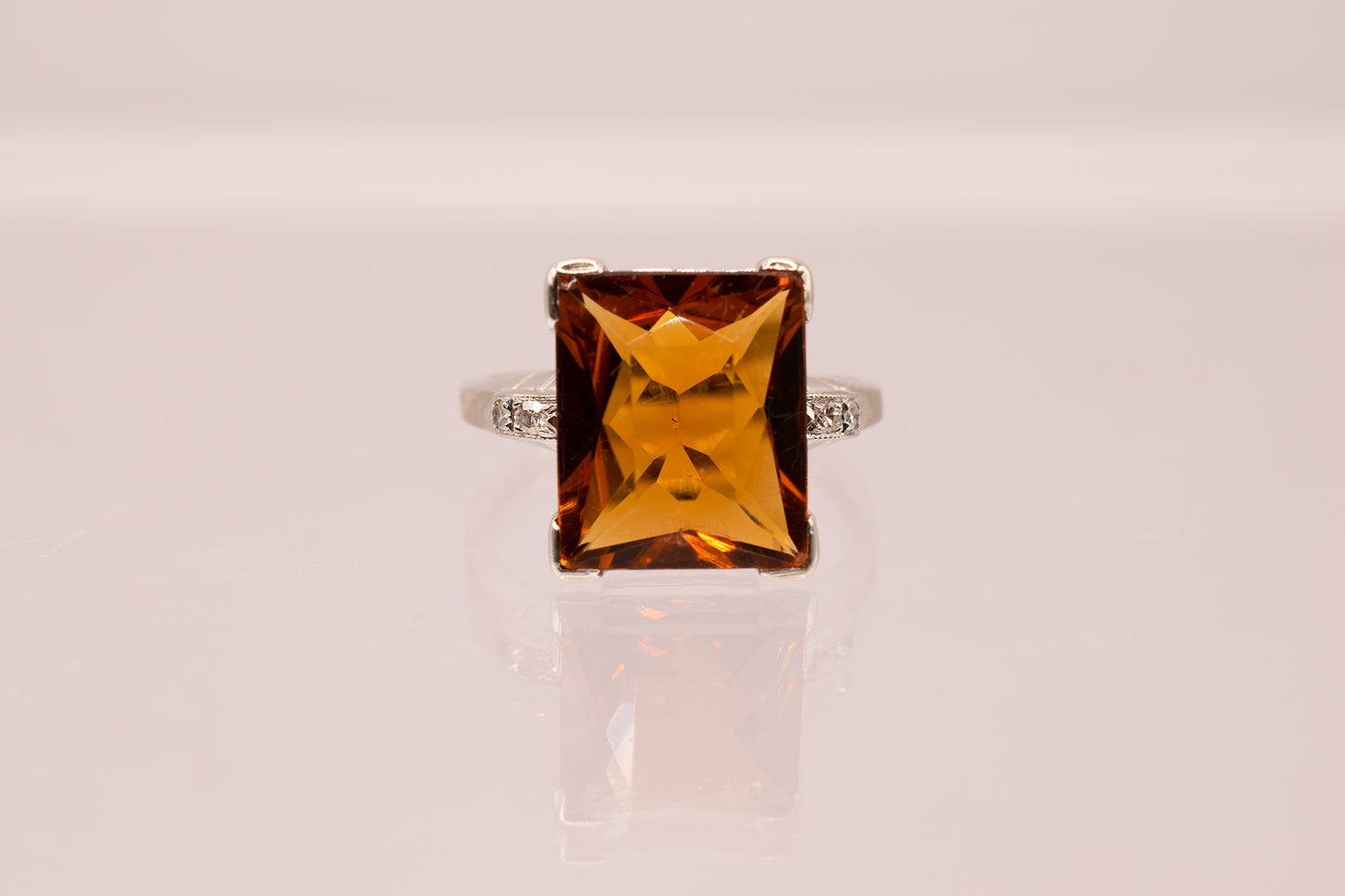 Vintage 14k White Gold Radiant Cut Citrine & Diamond Cocktail Ring