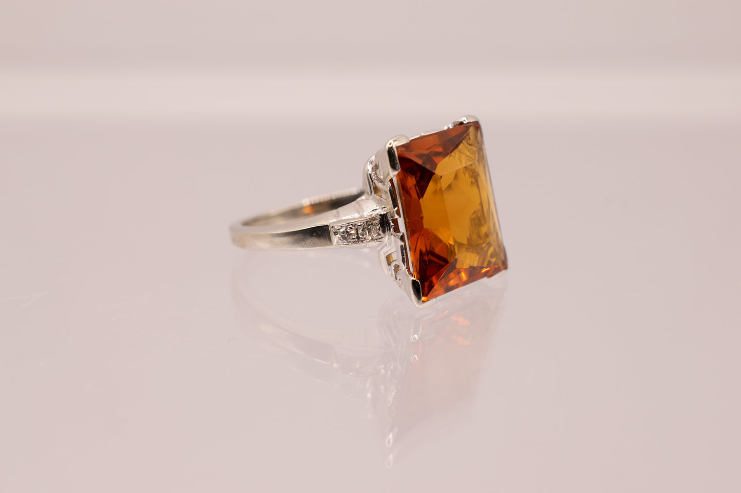 Vintage 14k White Gold Radiant Cut Citrine & Diamond Cocktail Ring