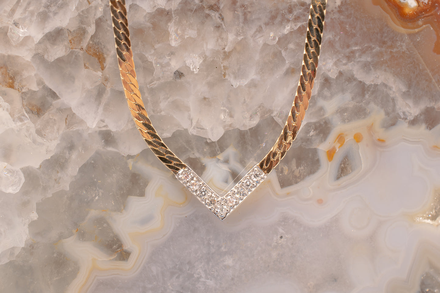 Vintage Two Tone 14k White And Yellow Gold Diamond V Shape Snake Style Chain Necklace