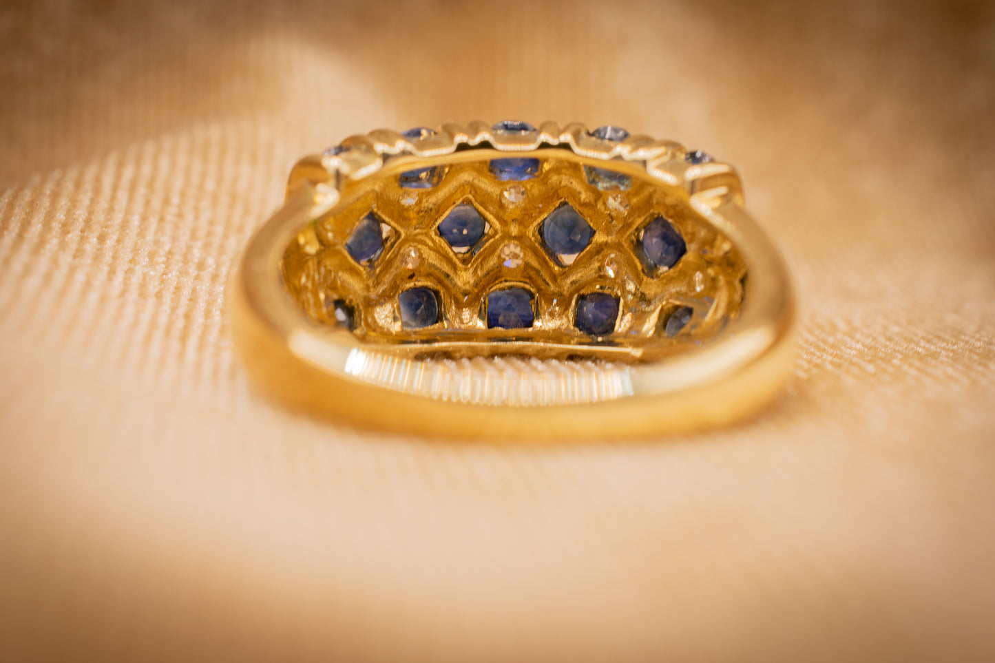 Vintage 14k Yellow Gold Blue Sapphire and Diamond Checkered Like Design Cocktail Ring