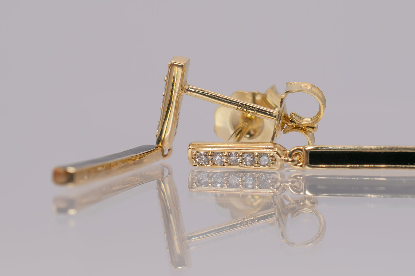 14K Yellow Gold Diamond & Black Enamel Bar Dangle Earrings