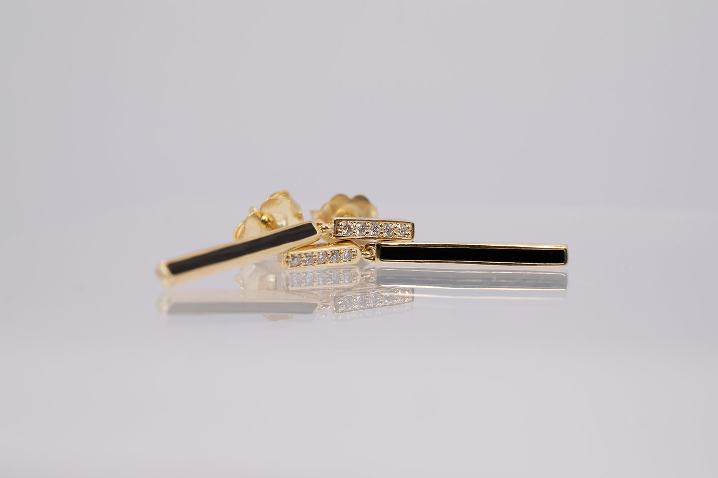 14K Yellow Gold Diamond & Black Enamel Bar Dangle Earrings