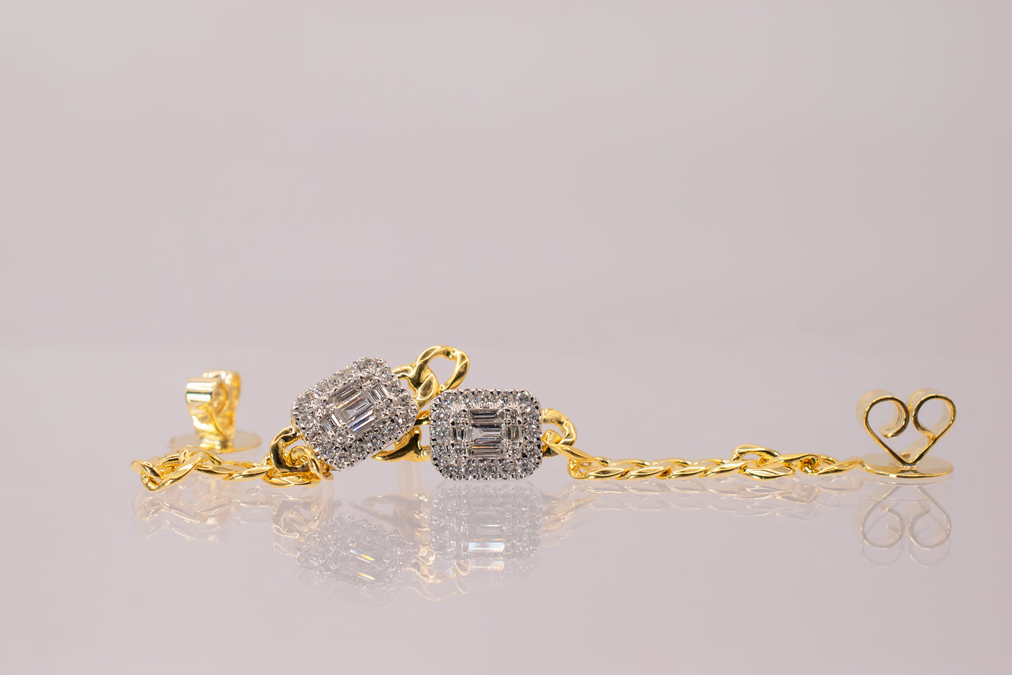 18k & 14k Two Tone Yellow Gold Diamond Halo Curb Chain Dangle Earrings