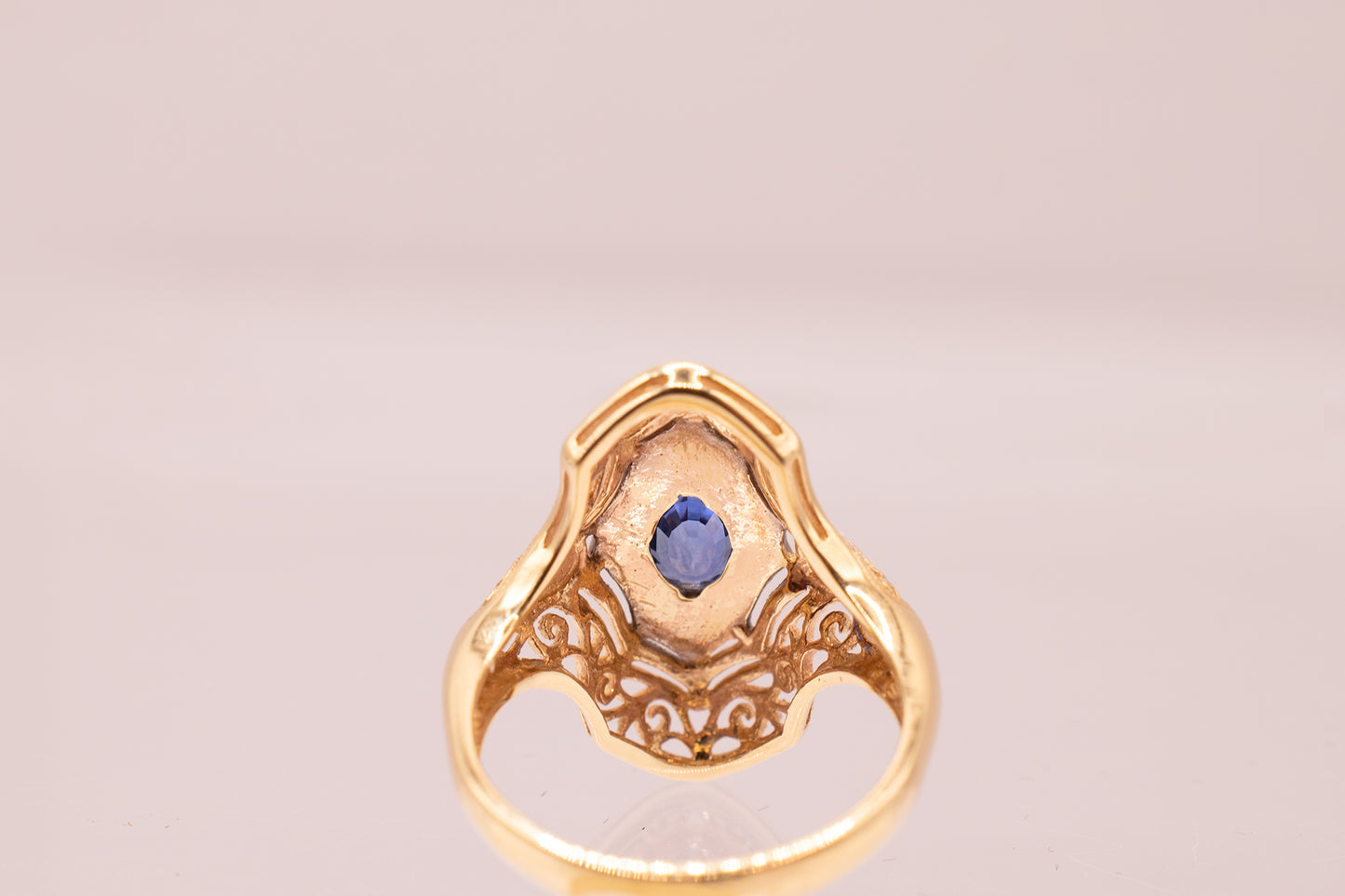Vintage 14k Yellow Gold Blue Sapphire Edwardian Style Ornate Ring