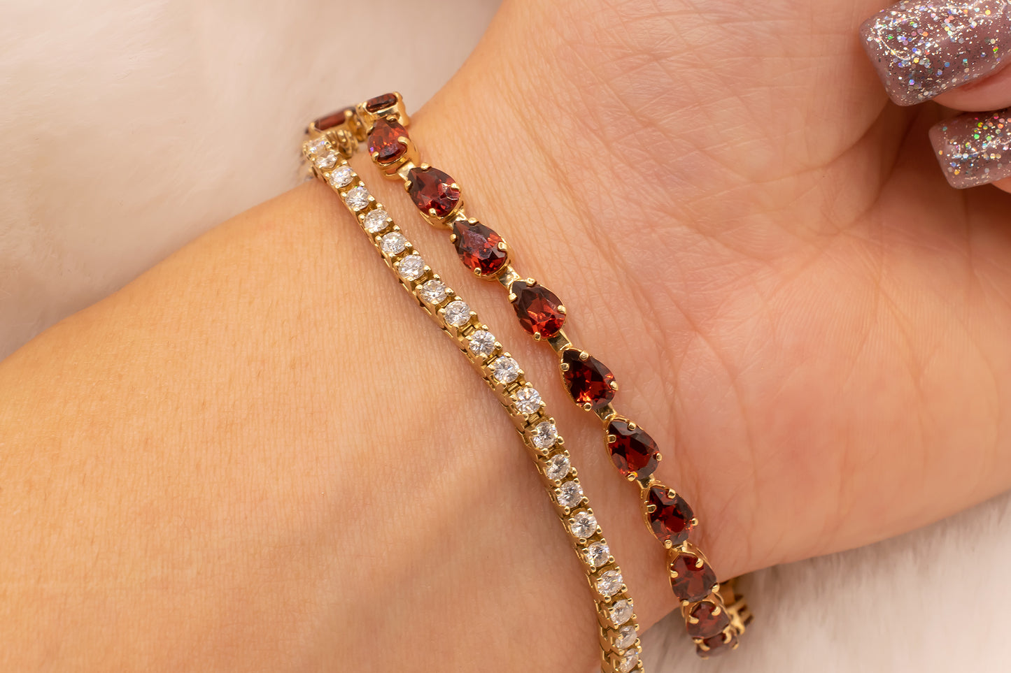 Vintage 14K Yellow Gold Pear Shape Garnet Tennis Line Bracelet 8 Inches