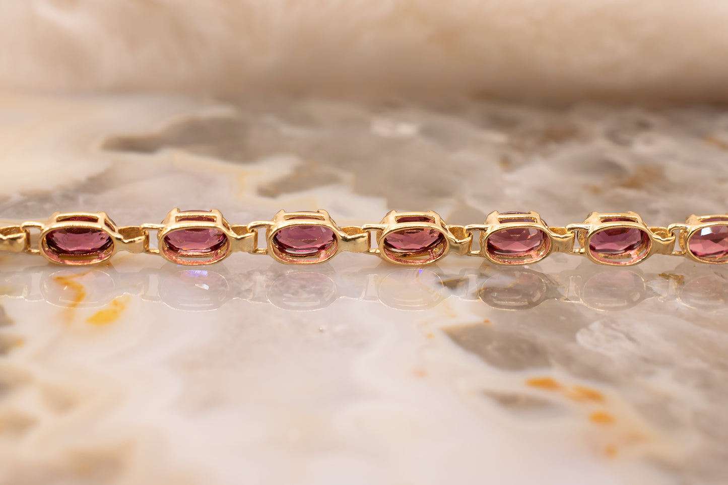 Vintage 10k Yellow Gold Oval Rhodolite Garnet Line Bracelet 7 Inches