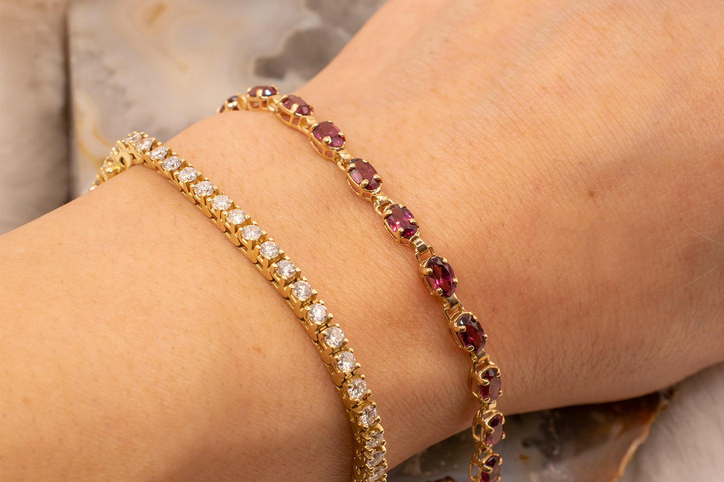 Vintage 10k Yellow Gold Oval Rhodolite Garnet Line Bracelet 7 Inches