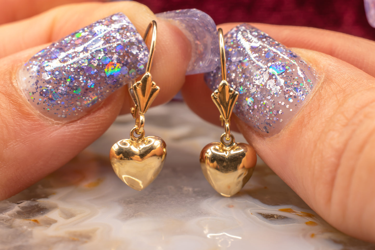 Vintage Art Deco Style 14k Yellow Gold Puffy Heart Leverback Dangle Earring