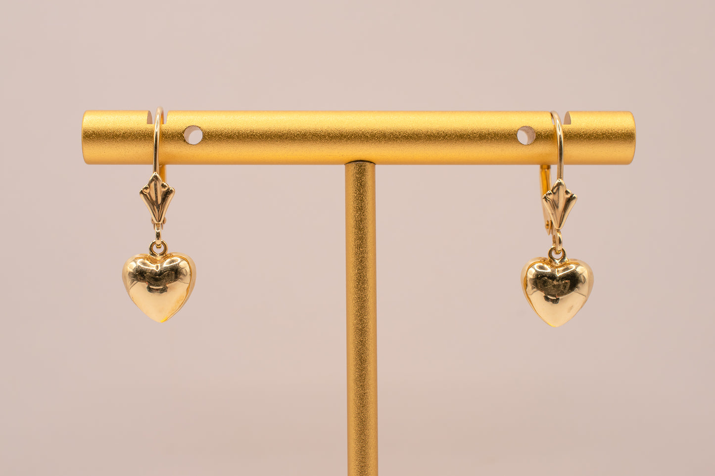 Vintage Art Deco Style 14k Yellow Gold Puffy Heart Leverback Dangle Earring