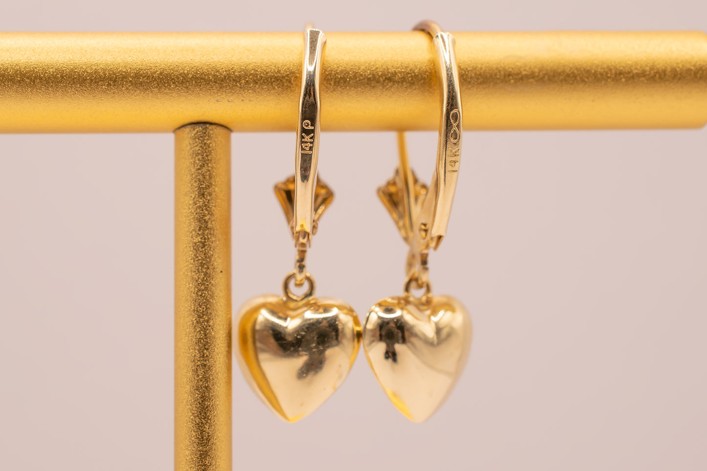 Vintage Art Deco Style 14k Yellow Gold Puffy Heart Leverback Dangle Earring