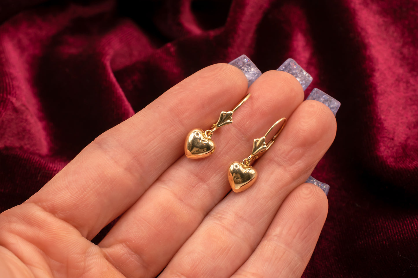 Vintage Art Deco Style 14k Yellow Gold Puffy Heart Leverback Dangle Earring